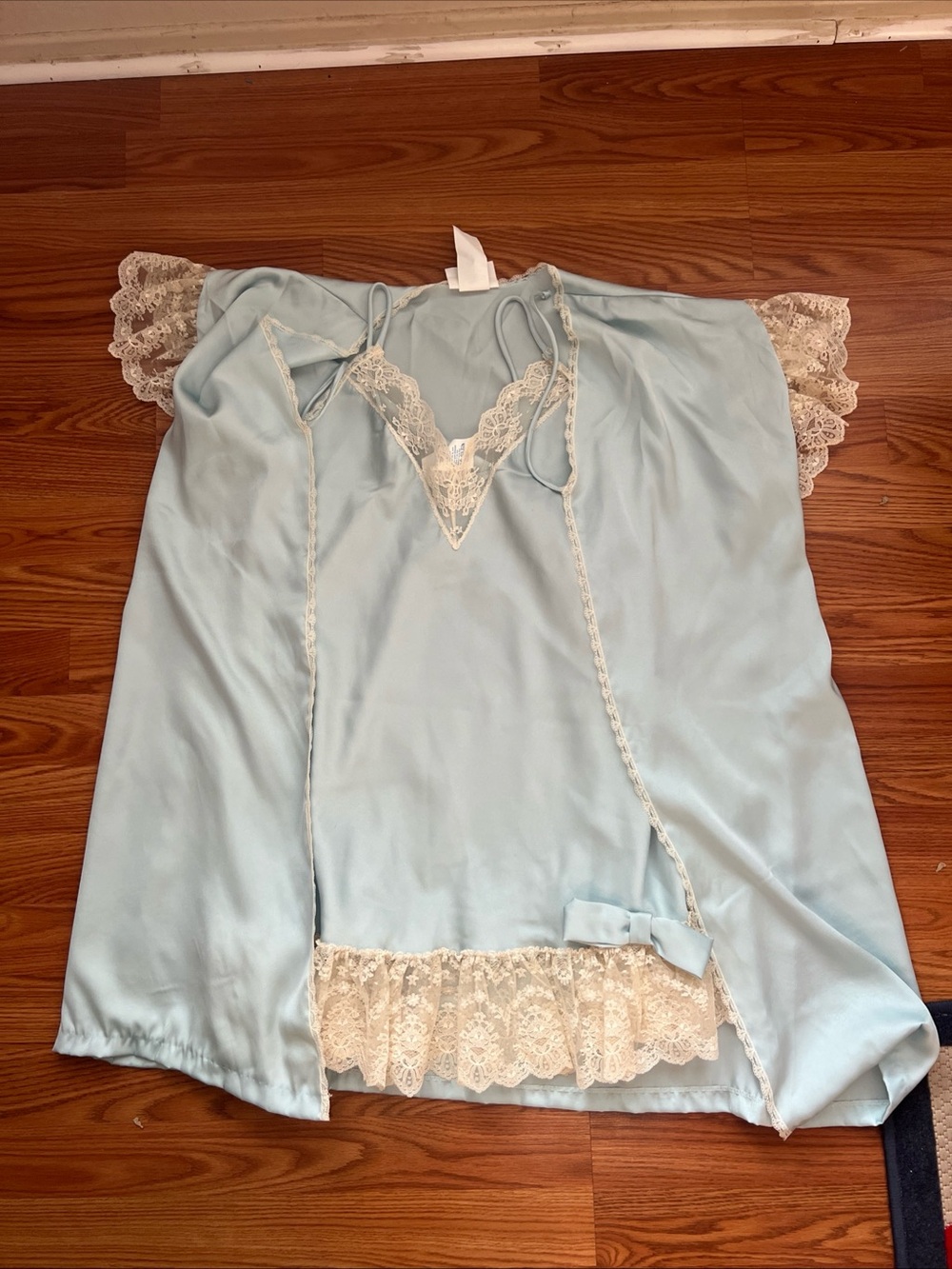 Vintage Undercover Light Blue Satin Chemise with Cream Lace Trim